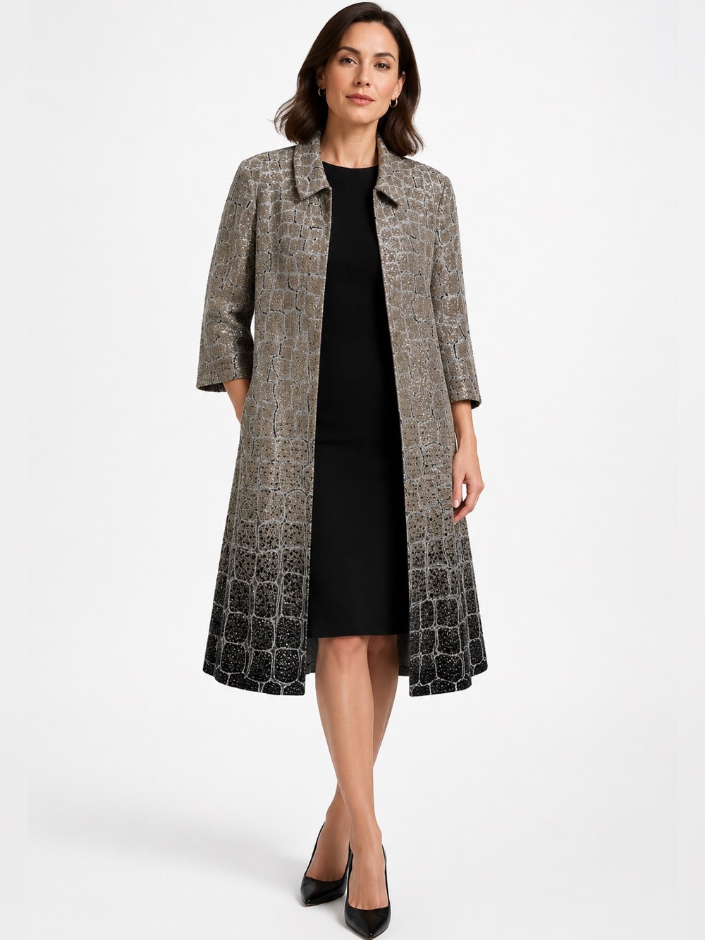 St. John Collection Metallic Crocodile Print Crystal Embellished Duster Coat